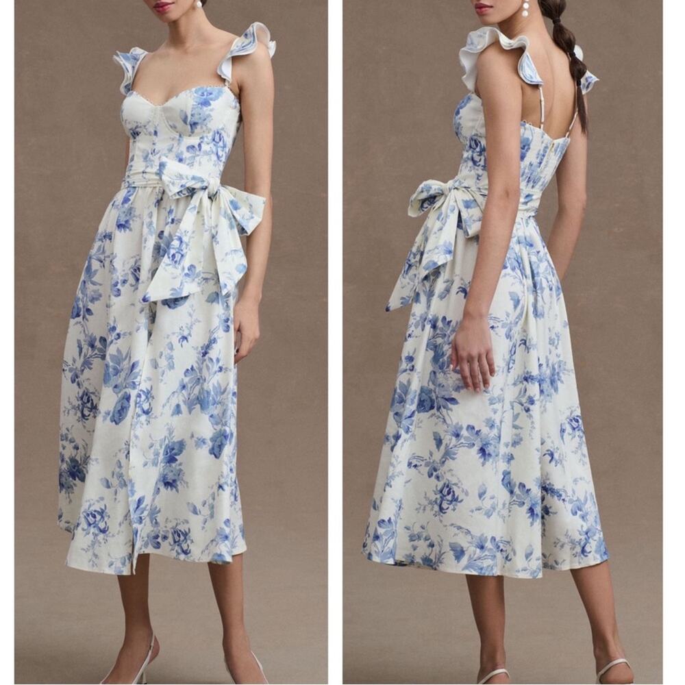 V. CHAPMAN Vera Ruffle Strap Corset Provencal Blue Floral Midi Dress Size 16